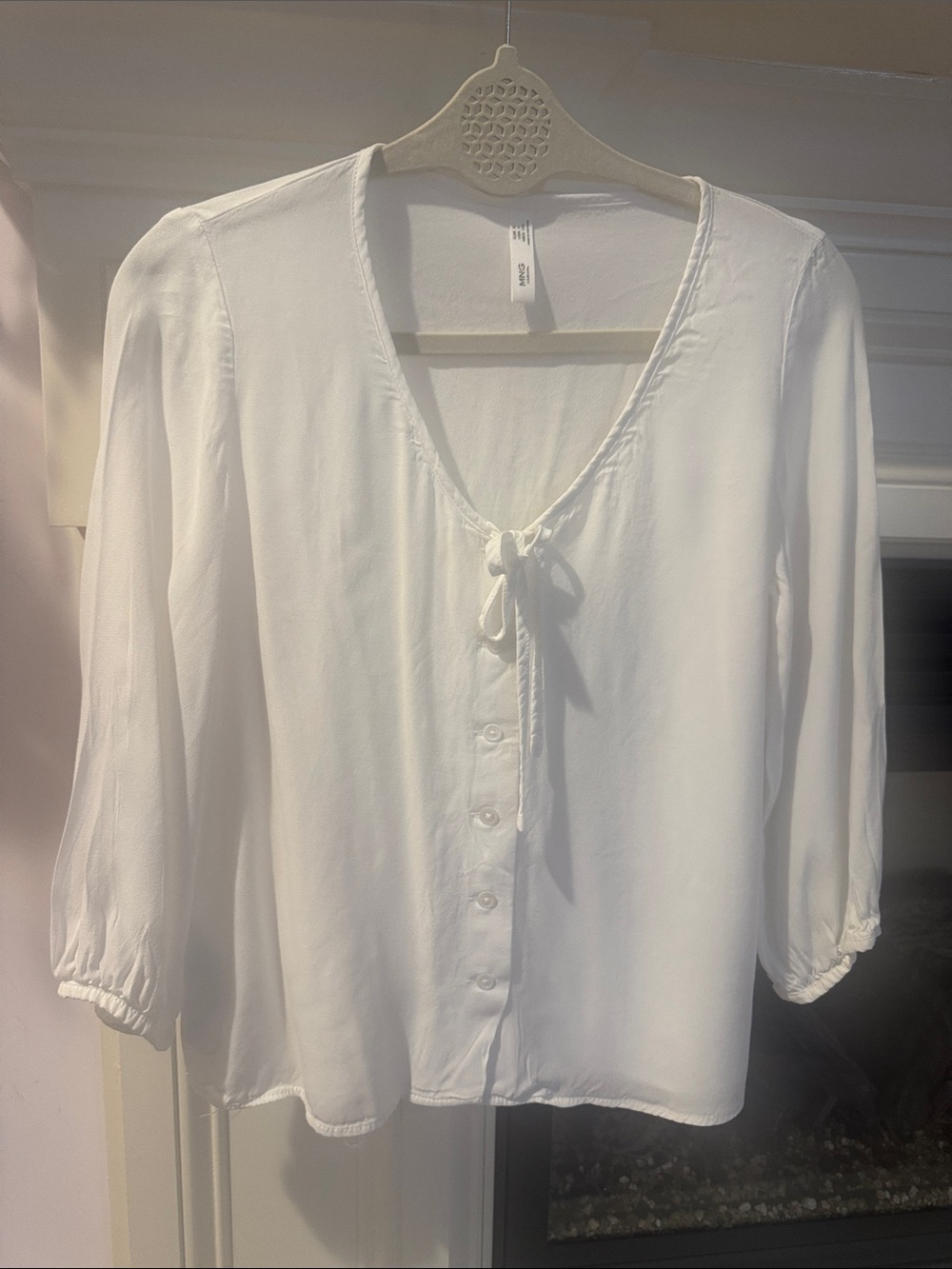 MNG Lightweight White Tie-Neck Button Blouse